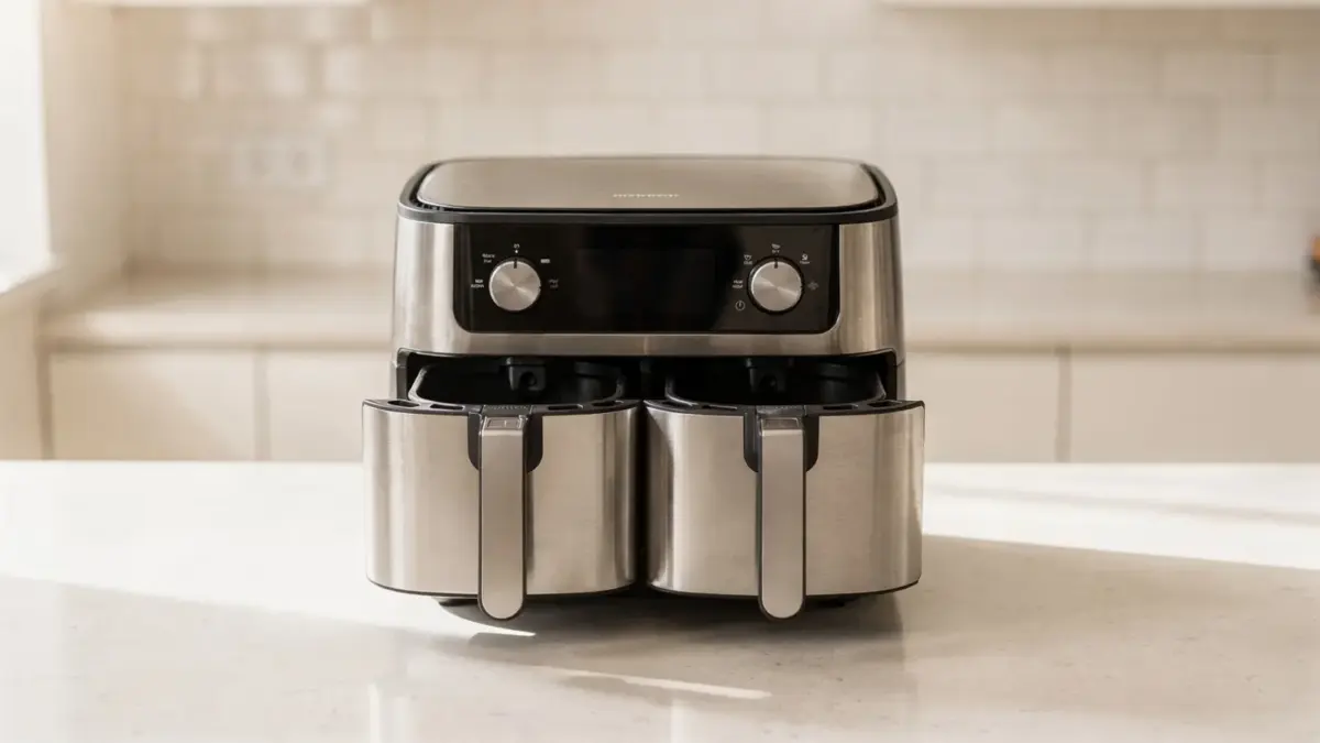 Doppelkorb-Airfryer auf einer Küchenarbeitsfläche in heller Umgebung mit sichtbarem Platzbedarf