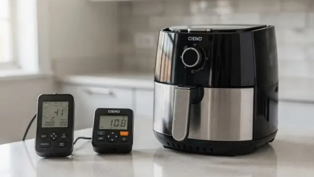 Airfryer neben Stromzähler in der Küche zum Verbrauch pro Stunde