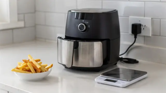 Heißluftfritteuse in der Küche mit Pommes und Strommessung zum Verbrauch