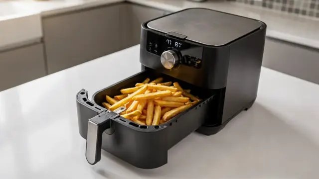 Heißluftfritteuse mit knusprigen Pommes in der Küche