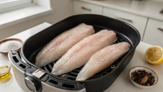 Fischfilet in der Heißluftfritteuse: Rohe Filets im Garkorb in einer modernen Küche