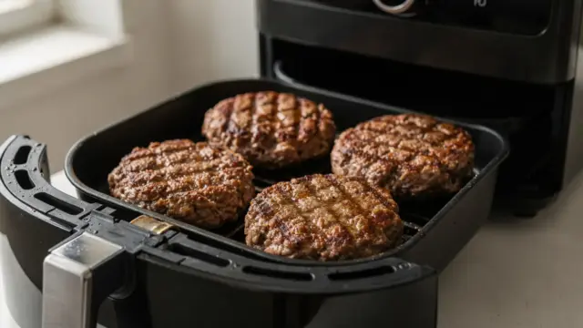 Frikadellen in der Heißluftfritteuse in einem Airfryer-Korb auf der Küchenarbeitsfläche