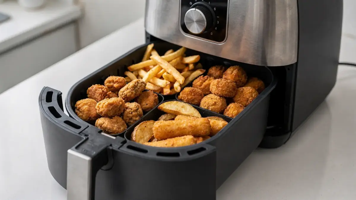 TK-Produkte in der Heißluftfritteuse: ungleichmäßig gebräunte Snacks im Frittierkorb