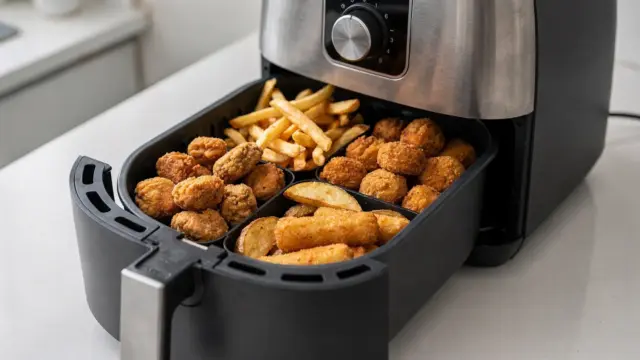 TK-Produkte in der Heißluftfritteuse: ungleichmäßig gebräunte Snacks im Frittierkorb