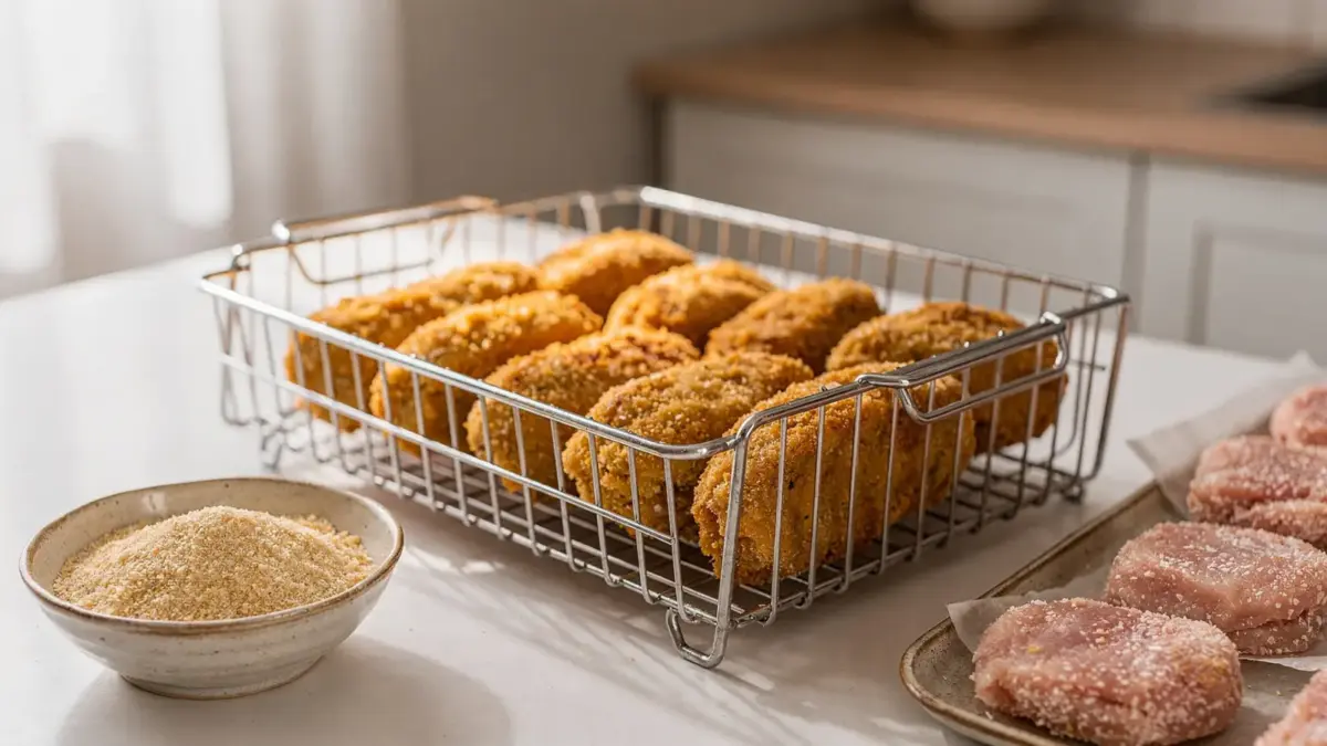 Heißluftfritteuse mit panierter Speise und Zutaten zum Thema Panade in der Heißluftfritteuse
