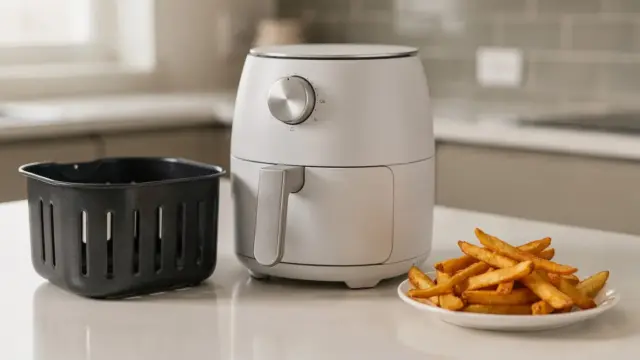 Mini-Airfryer auf der Küchenzeile neben einem größeren Korb als Vergleich zum Thema Nachteile der geringen Baugröße.