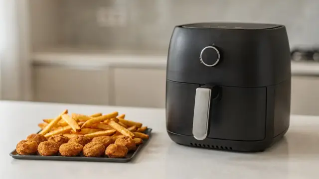 Heißluftfritteuse auf der Küchenzeile mit Pommes und Snacks in passenden Portionen