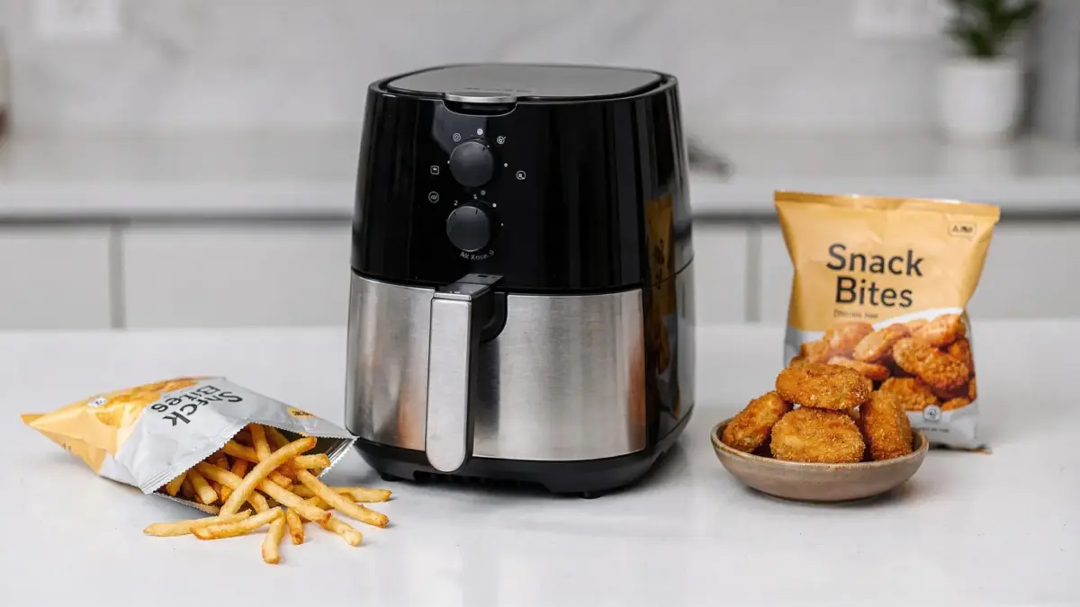 Heißluftfritteuse mit Tiefkühlkost in der Küche für das Thema Kauf, Temperatur und Knusprigkeit