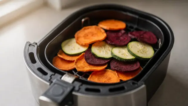 Gemüsechips in der Heißluftfritteuse in einer Küche, frisch vorbereitet für knuspriges Garen.