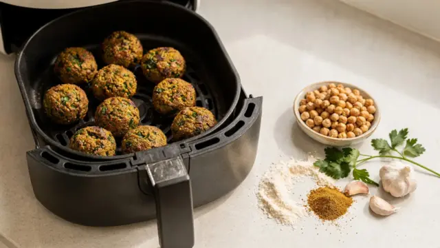 Falafel in der Heißluftfritteuse mit Kichererbsen, Kräutern und Gewürzen auf der Arbeitsfläche
