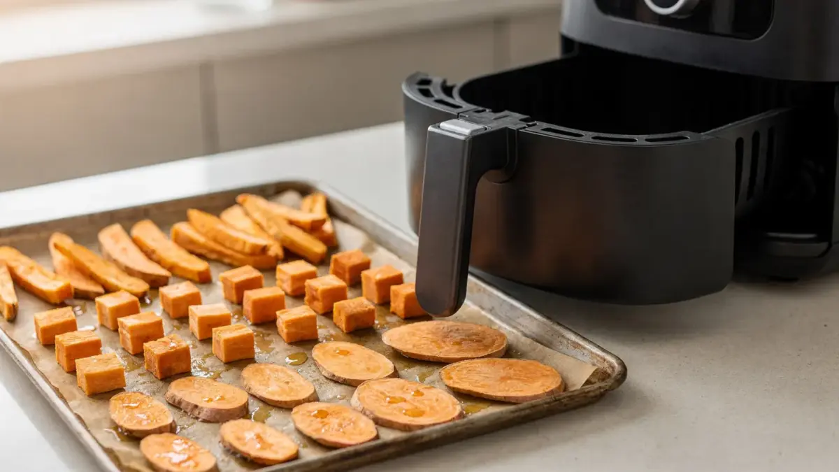 Süßkartoffel in der Heißluftfritteuse: Würfel, Pommes und Scheiben auf einem Küchenblech
