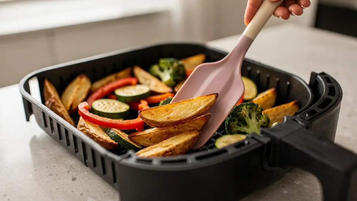 Heißluftfritteuse mit gewendetem Gemüse und Kartoffelspalten in der Küche