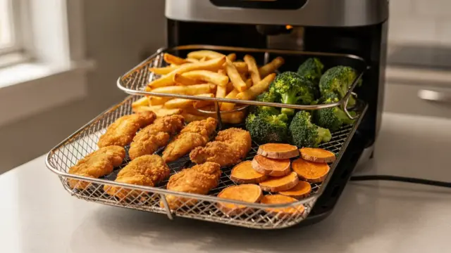 Geordnete Lebensmittel in einer Heißluftfritteuse beim richtigen Anordnen