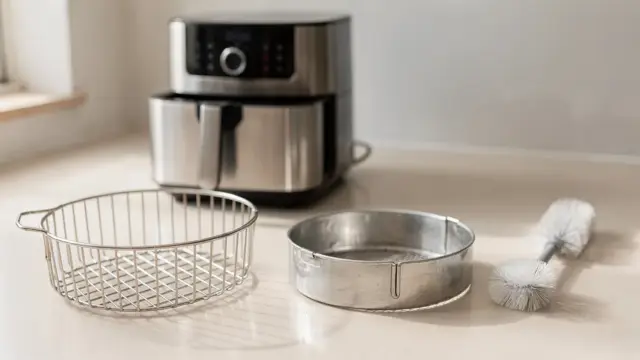 Ersatzkorb für die Heißluftfritteuse mit Korbeinsatz, Reinigungsbürste und unmarkiertem Gerät