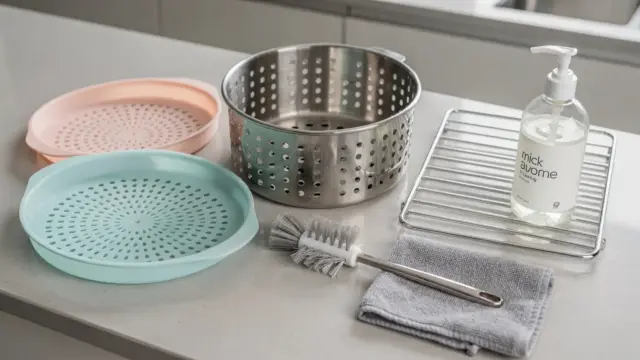 Airfryer-Zubehör pflegen: gereinigter Korb, Silikoneinsatz und Bürste in der Küche