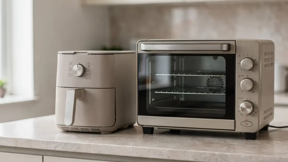 Airfryer-Ofen und Korb-Airfryer auf einer Küchenarbeitsplatte zum Vergleich der Unterschiede