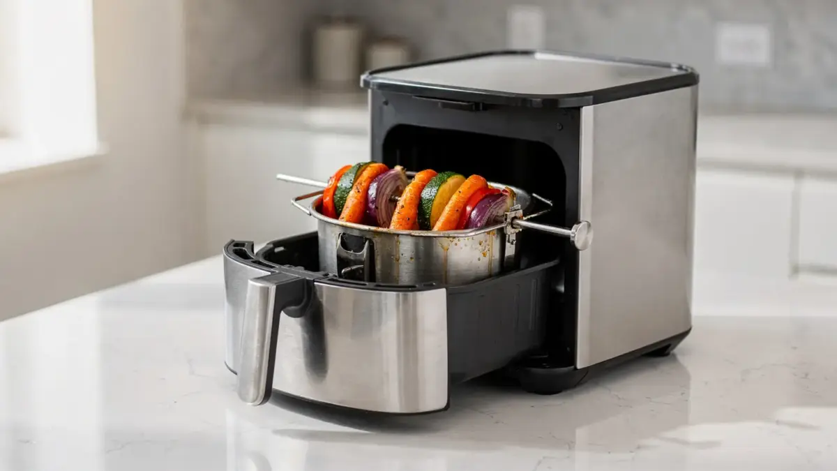 Airfryer mit Drehspieß in der Küche: geeignet für Grillhähnchen und Gemüse