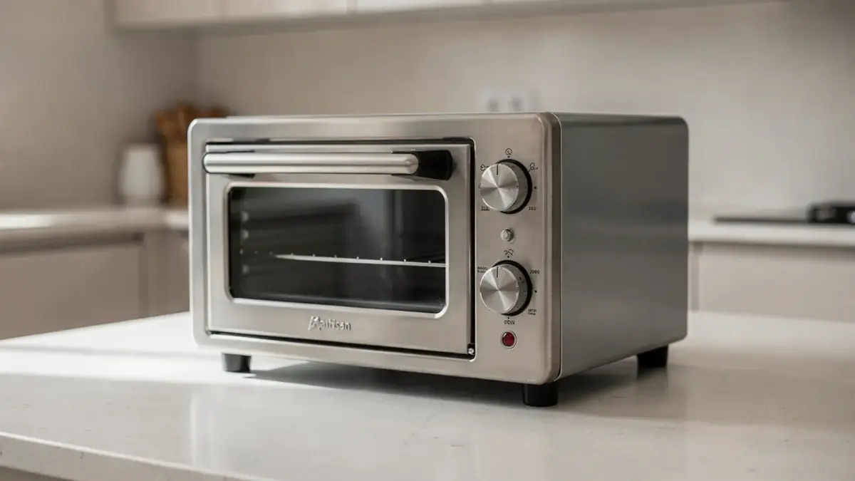 Airfryer im Ofen-Design auf der Küchenarbeitsplatte zeigt den Platzbedarf des Tischgeräts