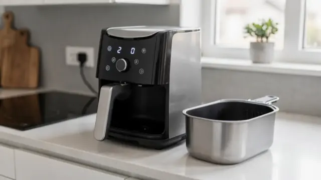Heißluftfritteuse in moderner Küche mit Korb und Bedienelementen zum Energieverbrauch