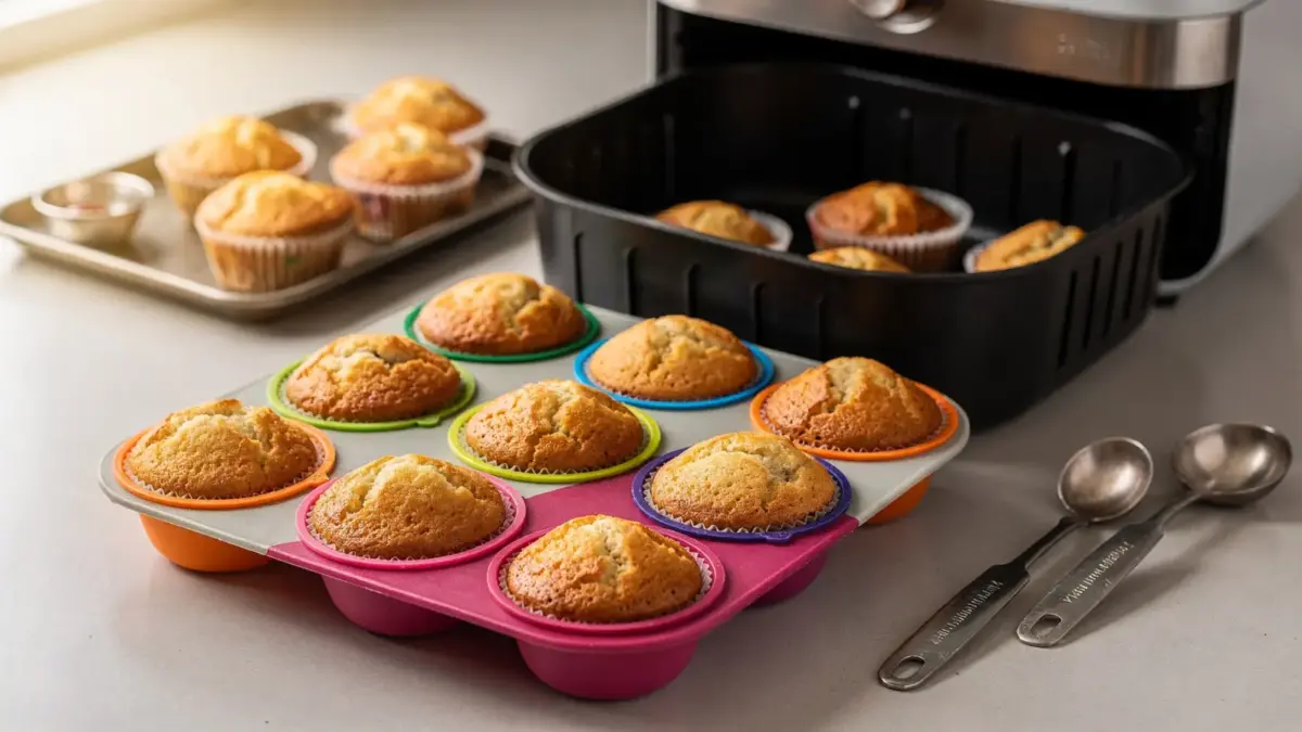 Muffins in der Heißluftfritteuse in Silikonformen beim Backen