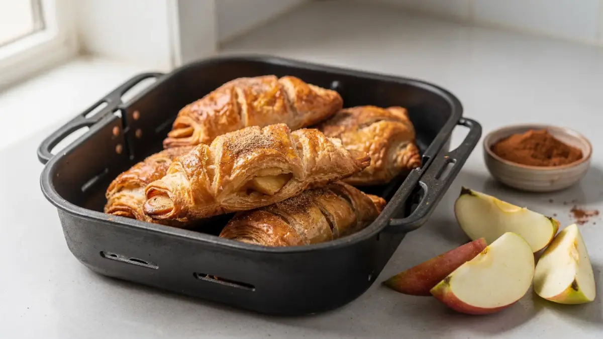 Apfeltaschen in der Heißluftfritteuse auf dem Garkorb, daneben Apfelscheiben und Zimt.