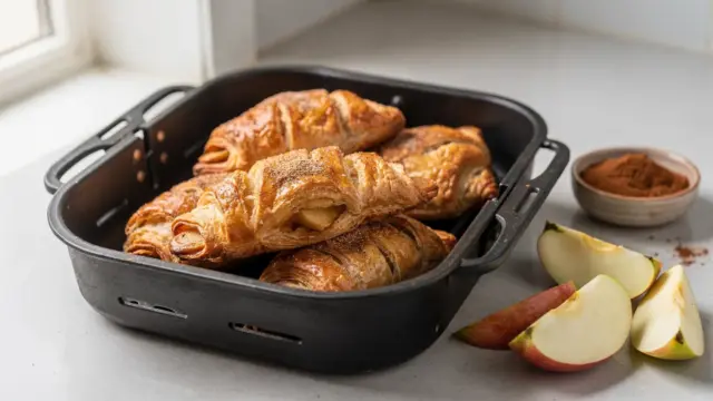 Apfeltaschen in der Heißluftfritteuse auf dem Garkorb, daneben Apfelscheiben und Zimt.