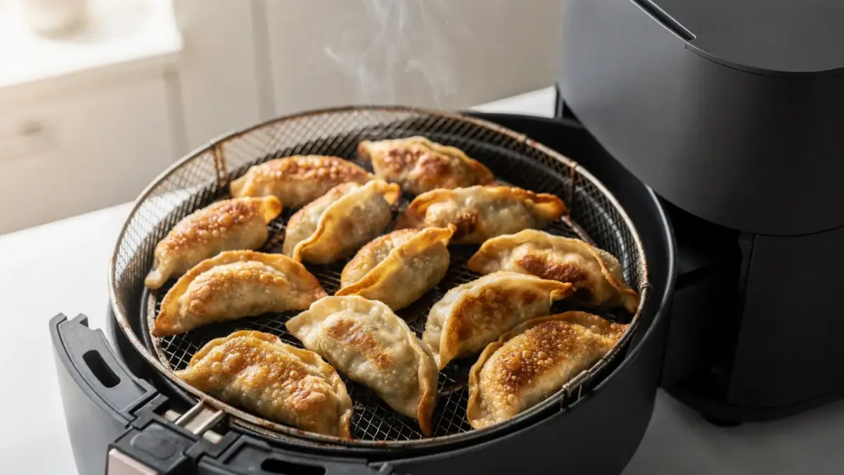 Teigtaschen in der Heißluftfritteuse mit knuspriger Oberfläche in einem Airfryer-Korb