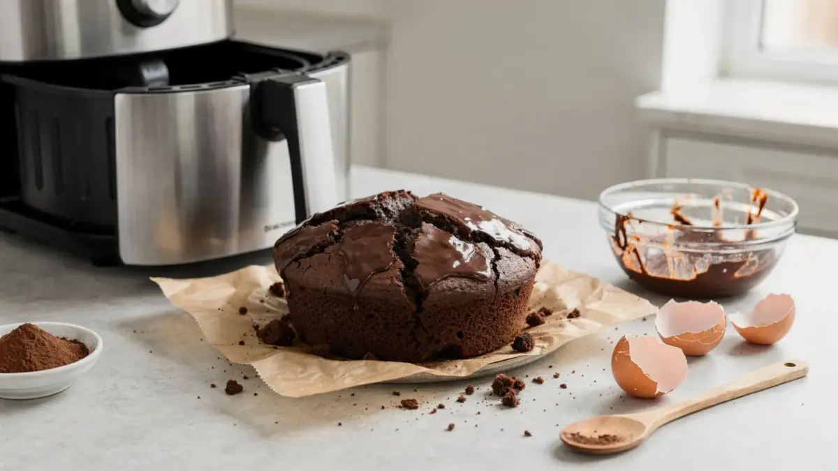 Schokokuchen in der Heißluftfritteuse neben der Backform und dem Airfryer-Korb
