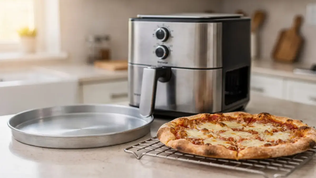 Pizzablech für die Heißluftfritteuse neben einer Heißluftfritteuse in der Küche