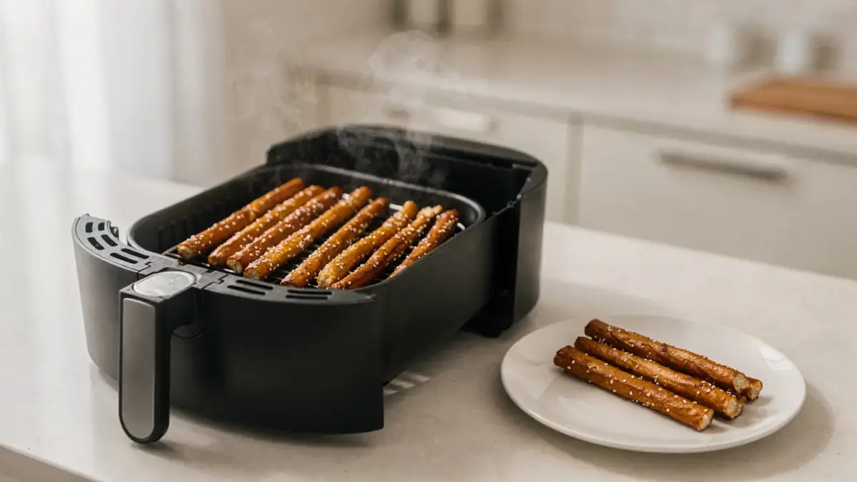 TK-Laugenstangen in der Heißluftfritteuse im Korb einer geöffneten Küchelektrogerät