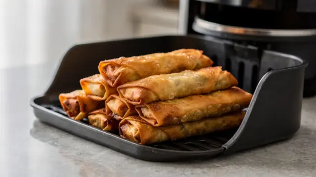 Frühlingsrollen in der Heißluftfritteuse mit knuspriger Oberfläche in einer modernen Küche