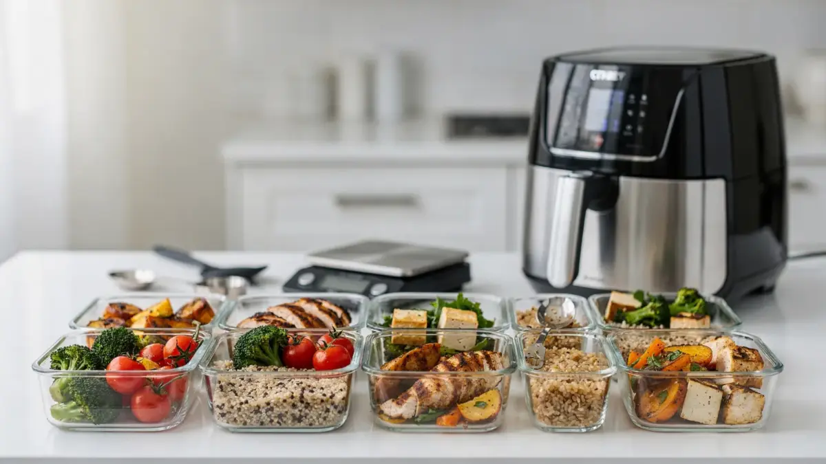 Heißluftfritteuse für Meal Prep in einer Küche mit Aufbewahrungsboxen und vorbereiteten Portionen