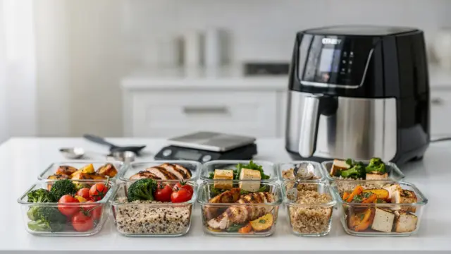 Heißluftfritteuse für Meal Prep in einer Küche mit Aufbewahrungsboxen und vorbereiteten Portionen
