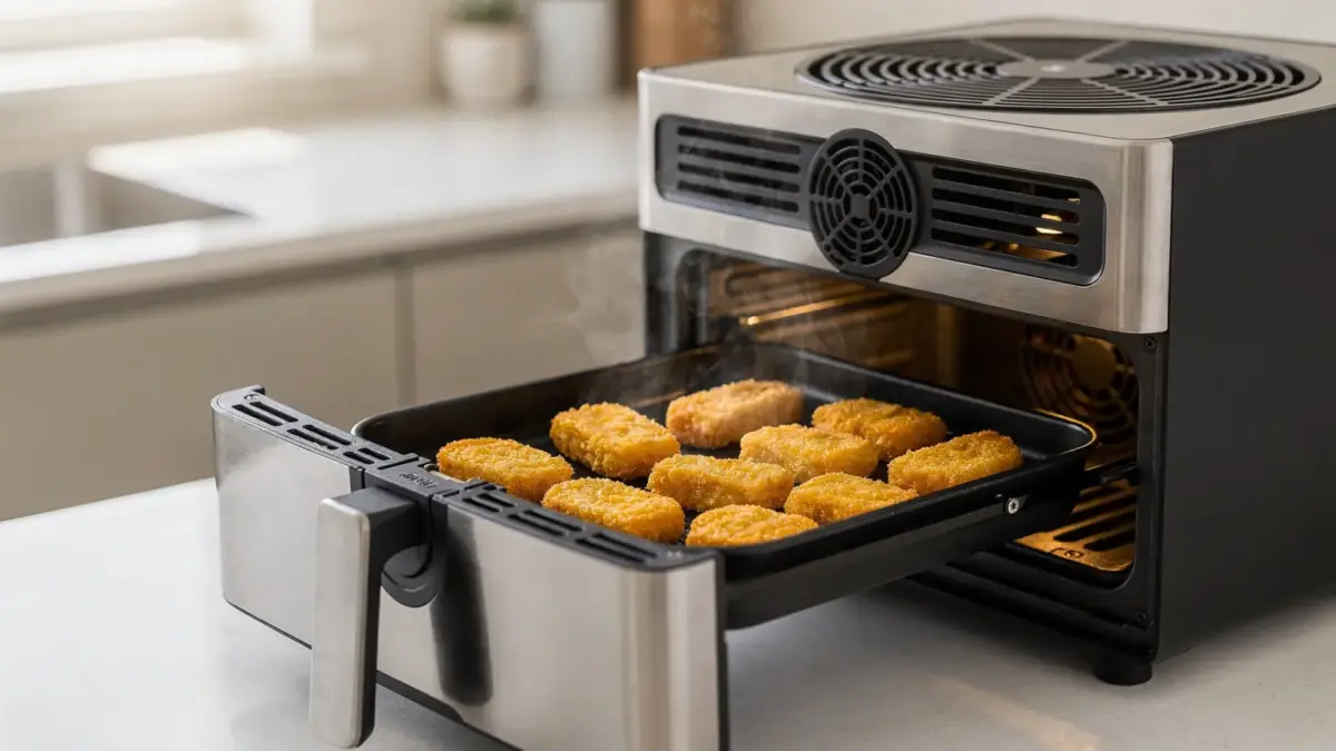 Heißluftfritteuse mit offenem Korb zur Luftzirkulation und Garzeit-Temperatur-Regelung