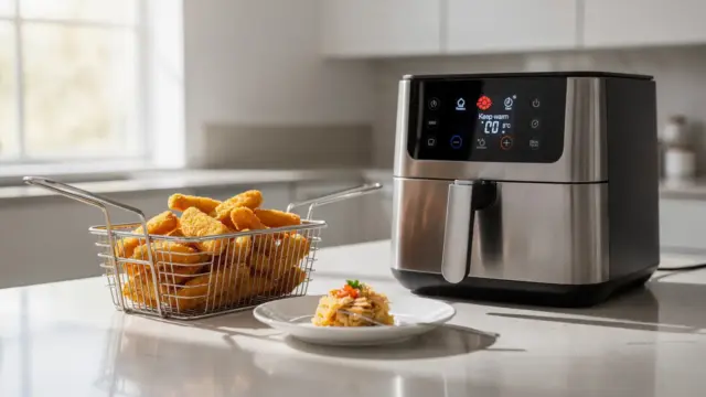 Heißluftfritteuse mit Warmhaltefunktion in einer modernen Küche neben Servierkorb und Teller