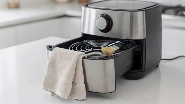 Offene Heißluftfritteuse mit gereinigter Heizspirale und Bürste zum Thema Airfryer-Heizspirale sicher reinigen