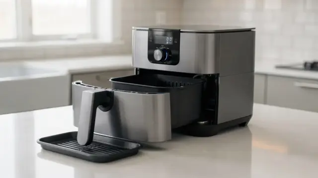 Airfryer mit Korb, Schublade und Einsatz zur regelmäßigen Kontrolle der Komponenten.