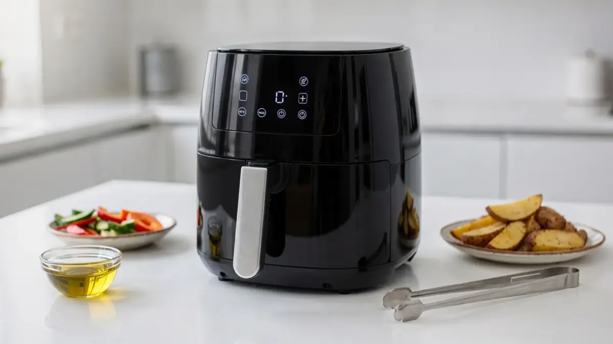 Heißluftfritteuse mit Display und Küchenutensilien zum Thema Heißluftfritteuse-Programme