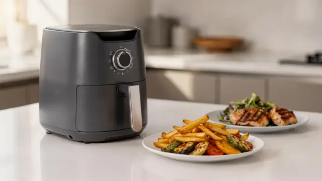 Kompakte Heißluftfritteuse für 2 Personen in einer modernen Küche mit zwei Portionen Essen