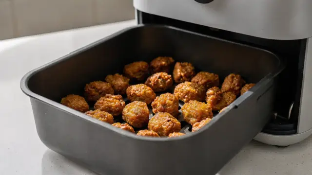 Heißluftfritteuse mit gleichmäßig gebräunten Speisen im Korb