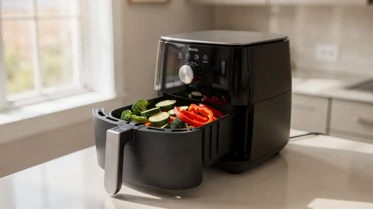 Heißluftfritteuse in einer Küche mit geöffnetem Korb und frischem Gemüse – passend zum Thema Airfryer