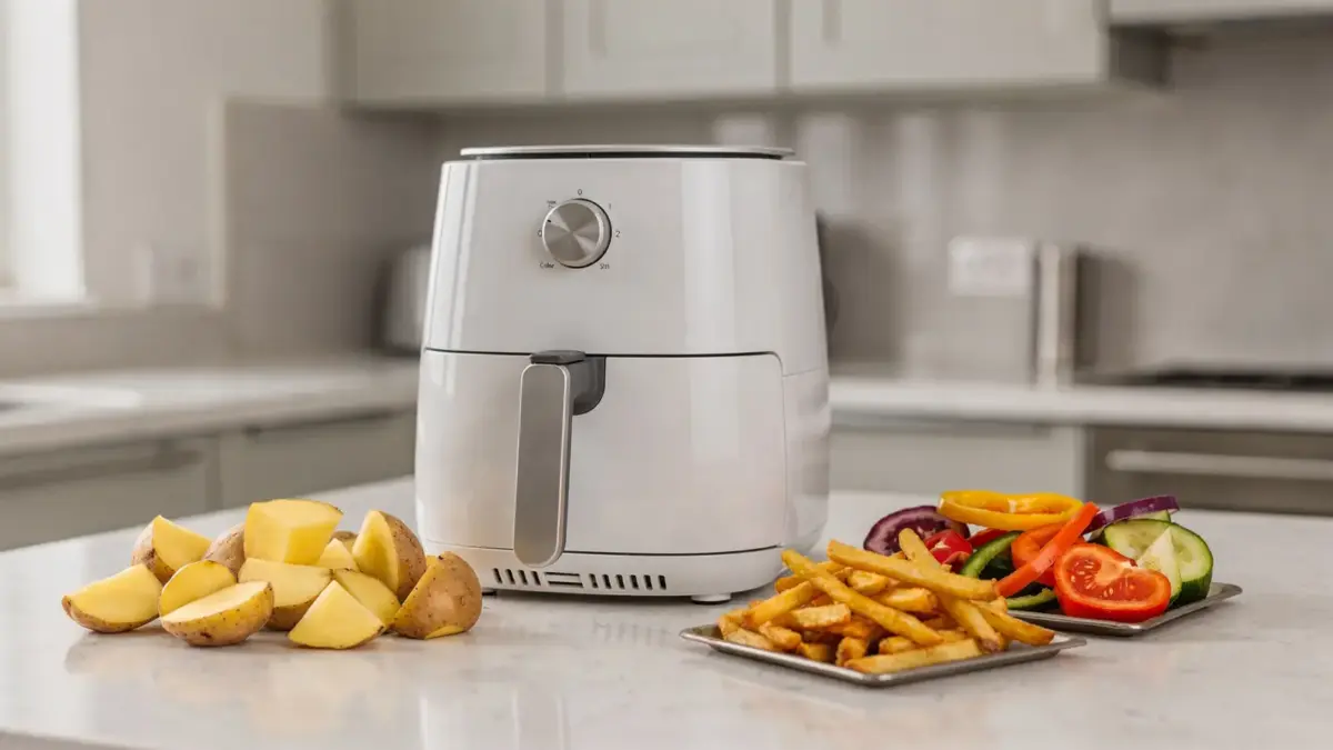 Heißluftfritteuse in der Küche mit Zutaten zur Garzeit, Bräunung und Knusprigkeit